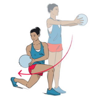 6.تمرين الاندفاع العكسي مع الالتفاف (Reverse lunge with twist)